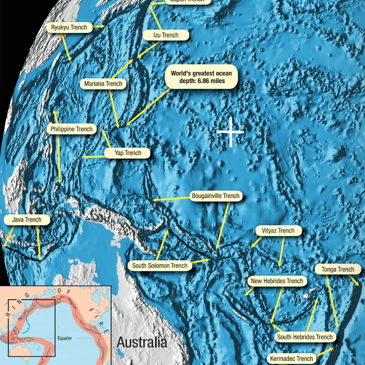 Map of ocean trenches in the Pacific Ocean