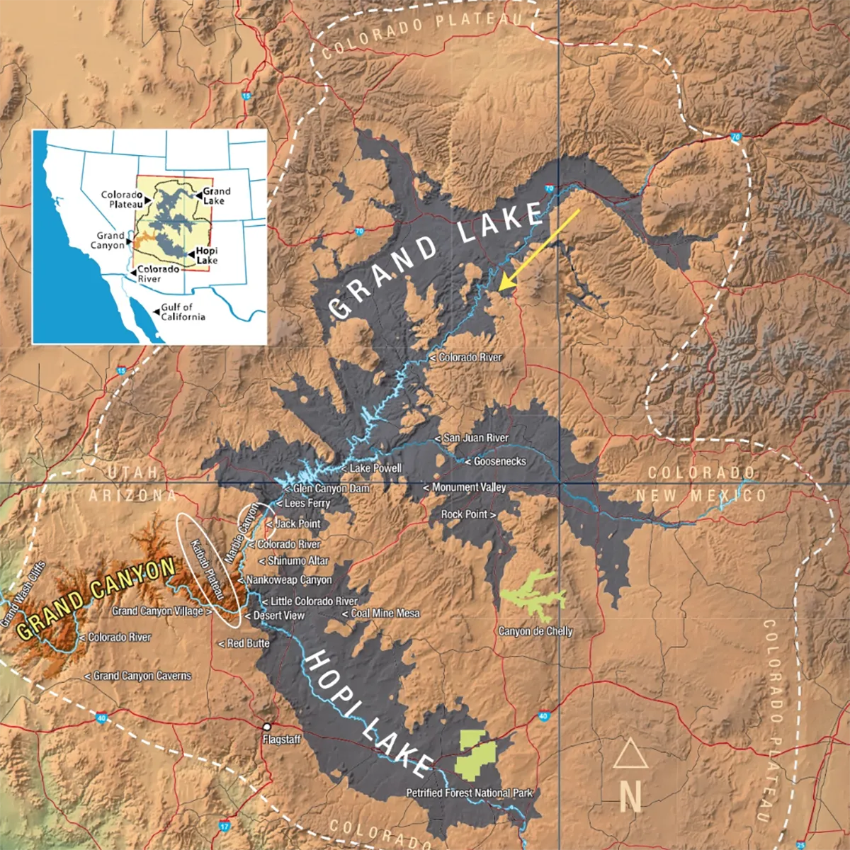 Grand Canyon and surrounding rivers and lakes map